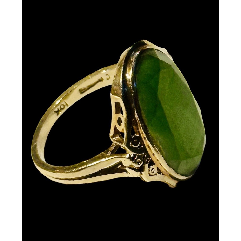 Art Deco 10K Yellow Gold Diamond Cut Natural Jadeite Stone Ring Size 6 Vtg OOAK - Picture 6 of 10